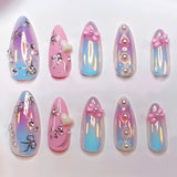 24PCS Wine Red Almond Press on Nails Cartoon Rabbit Bowknot with Plaid Pearl Designs French Fake Nails for Girls Detachable Nail