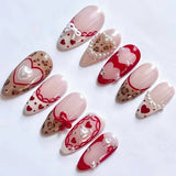 24PCS Wine Red Almond Press on Nails Cartoon Rabbit Bowknot with Plaid Pearl Designs French Fake Nails for Girls Detachable Nail