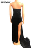 Wishyear Elegant Sparkly Bodycon Long Dresses with Trail Christmas Birthday Dress for Women Sequin Velvet Maxi Evening Vestidos