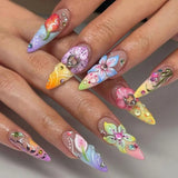 24Pcs 3D Strawberry Rabbit Flower Fake Nails Press on Mid-length Almond Wearable False Nails Green Gradient Pearl Manicure Tips