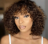 Highlight Honey Blonde Jerry Curly Pixie Bob Wig with Bangs | Full Machine Made Human Hair