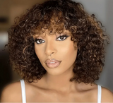 Jerry Curly Short Bob Human Hair Wig with Bangs | Glueless Highlight Honey Water Wave Blonde Wig for Women (Ready-to-Go)