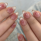 24Pcs Short Oval Head Blush Pink Press on Nails with Simple Designs Almond Nails Wearable Acrylic Full Cover Nail Tips with Glue