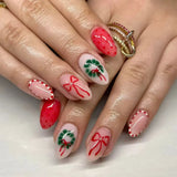 24PCS Wine Red Almond Press on Nails Cartoon Rabbit Bowknot with Plaid Pearl Designs French Fake Nails for Girls Detachable Nail