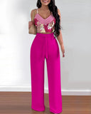 2 Piece Outfits For Women 2025 Sexy V-Neck Strap Shirred Slim Crop Top & Lace-up Wide Leg Pants Sets Elegant Office Lady Suit
