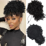 Afro Puff Kinky Curly Drawstring Ponytail Extension with Bangs | Synthetic Updo Hairpiece for Black Women | 12 Inch