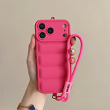 Soft Down Jacket Silicone Case For iPhone 17 16 15 14 13 12 11 Pro Max Plus Air Shockproof Camera Protection Wrist Strap Cover