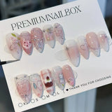 24PCS Wine Red Almond Press on Nails Cartoon Rabbit Bowknot with Plaid Pearl Designs French Fake Nails for Girls Detachable Nail