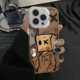 Cartoon Box Man Pattern Plating Phone Case for iPhone 16 15 14 13 12 11 Pro Max 16E XS X XR 7 8 Plus SE2 Shockproof Matte Cover