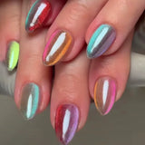 24pcs Glossy Red Cat's Eye Press On Nails Full Cover Nude Color Wearable Almond False Nails Charms Detachable Fake Nail For Girl
