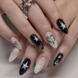 24pcs Gradient Black False Nails Yellow Star Moon Swan Pattern Press On Nails Sweet Cool Bowknots Flower Fake Nail Y2k Manicure