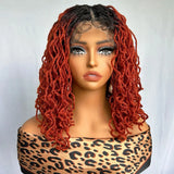 14" Copper Red Faux Locs Lace Front Wig | Short Twist Dreadlocks | Synthetic Braided Wig
