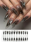 Black Cool Fake Nails Halloween Bat Press on Nails Almond Decorated Nail Tips Rivet Bow False Nails 24pcs Reusable Acrylic Nails