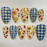 24PCS Wine Red Almond Press on Nails Cartoon Rabbit Bowknot with Plaid Pearl Designs French Fake Nails for Girls Detachable Nail