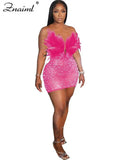 Znaiml Sexy Feathers Rhinestones Backless Diamond Sheer Mesh Bodycon Dresses for Woman Rave Club Birthday Party Night Vestidos