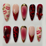 24PCS Wine Red Almond Press on Nails Cartoon Rabbit Bowknot with Plaid Pearl Designs French Fake Nails for Girls Detachable Nail