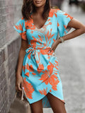 Summer V Neck Print Dresses For Women Elegant Office Ladies Dress Fashion Short Sleeve Casual Boho Beach Party Dress Robe Femme