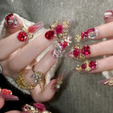 24pcs New Year Heavy Metal Press on Nails Chinese Bride Wedding Fake Nails Full Cover Wearable Shiny Large Crystal False Nails