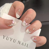 10Pcs White French Pink Heart Diamond Manicure Art Gentle Sweet Short Oval Artificial Wearing Nails Patch Full Cover Press Ons