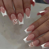 24pcs/set short square fake nails for women cute bride heart white french tips faux ongles y2k press on false nail supplies
