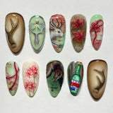 24pcs Flower Print Press on Nails Wine Red Blush Almond False Nail Tips Wearable Reusable Summer Spicy Girl Fake Nails