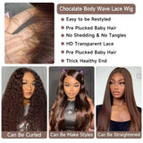 13x6 Chocolate Brown HD Lace Front Human Hair Wigs Body Wave Human Hair Wig 46 Inch 200Density Colored Human Hair Wigs For Women