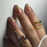 24Pcs Metallic Cat Eye French Sheer Manicure Tip Art Textured 3D Acrylic False Nails Nude Pink Almond Medium Press on Fake Nails