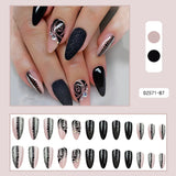 Black Cool Fake Nails Halloween Bat Press on Nails Almond Decorated Nail Tips Rivet Bow False Nails 24pcs Reusable Acrylic Nails