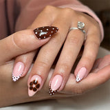 24PCS Wine Red Almond Press on Nails Cartoon Rabbit Bowknot with Plaid Pearl Designs French Fake Nails for Girls Detachable Nail