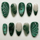 24Pcs Metallic Cat Eye French Sheer Manicure Tip Art Textured 3D Acrylic False Nails Nude Pink Almond Medium Press on Fake Nails