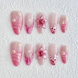 10pcs French Almond Press on Nails Flower False Nails Wearable Stick-on Nails Fake Nail Uñas Postizas Mujer Накладные Ногти 네일팁