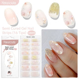 Harunouta 16strips Gradient Red Marble Gold Line Semi Cured Gel Nail Strips DIY Gel Polish Stickers for Nails Work with UV/LED