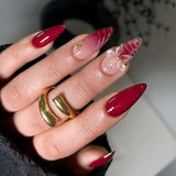 24Pcs 3D Strawberry Rabbit Flower Fake Nails Press on Mid-length Almond Wearable False Nails Green Gradient Pearl Manicure Tips
