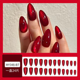 24pcs Glossy Red Cat's Eye Press On Nails Full Cover Nude Color Wearable Almond False Nails Charms Detachable Fake Nail For Girl