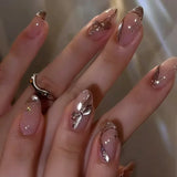 24Pcs 3D Strawberry Rabbit Flower Fake Nails Press on Mid-length Almond Wearable False Nails Green Gradient Pearl Manicure Tips