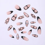 Black Cool Fake Nails Halloween Bat Press on Nails Almond Decorated Nail Tips Rivet Bow False Nails 24pcs Reusable Acrylic Nails