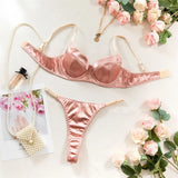 Seamless 2 Pieces Sexy Bra Set Women Satin Lingerie Underwear Patchwork Bras and Thongs Suits Attractive Bilizna Intimate Set