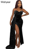 Wishyear Elegant Sparkly Bodycon Long Dresses with Trail Christmas Birthday Dress for Women Sequin Velvet Maxi Evening Vestidos
