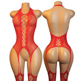 Sexy Body Lingerie Bodysuit Hanging Neck Bodystockings Erotic Crotchless Women Fishnet Hollow Open Bra Underwear Black Stockings