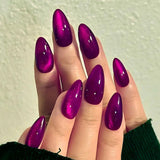 24pcs Glossy Red Cat's Eye Press On Nails Full Cover Nude Color Wearable Almond False Nails Charms Detachable Fake Nail For Girl