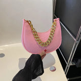 Fashion Women's Felt Handbag | Imitation Metal Chain Underarm Bag (Retro Ladies Solid Color Shoulder Bag, Trendy Casual Clutch Purse)