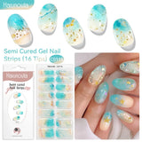 Harunouta 16strips Gradient Red Marble Gold Line Semi Cured Gel Nail Strips DIY Gel Polish Stickers for Nails Work with UV/LED