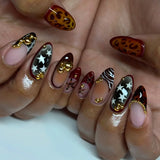 24PCS Wine Red Almond Press on Nails Cartoon Rabbit Bowknot with Plaid Pearl Designs French Fake Nails for Girls Detachable Nail