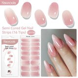 Harunouta 16strips Gradient Red Marble Gold Line Semi Cured Gel Nail Strips DIY Gel Polish Stickers for Nails Work with UV/LED