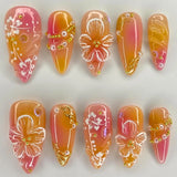 24Pcs 3D Strawberry Rabbit Flower Fake Nails Press on Mid-length Almond Wearable False Nails Green Gradient Pearl Manicure Tips