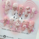 24PCS Wine Red Almond Press on Nails Cartoon Rabbit Bowknot with Plaid Pearl Designs French Fake Nails for Girls Detachable Nail