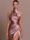 Ladies Summer Satin Evening Birthday Party Dresses Women Sleeveless Backless Halter Side Slit Elegant Long Dress Mowan Clothes