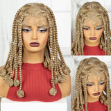 Blonde 12 Inch Synthetic Braided Wigs | Transparent Full Lace Bantu Knotless Box Braids with Baby Hair for Black Women