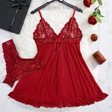 Ultra Sexy Lingerie Women Lace SeeThrough Nightdress Erotic PajamasSolid Soft Slim V Neck Sleepwear Summer Dress & Thong Kit