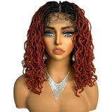 14" Copper Red Faux Locs Lace Front Wig | Short Twist Dreadlocks | Synthetic Braided Wig